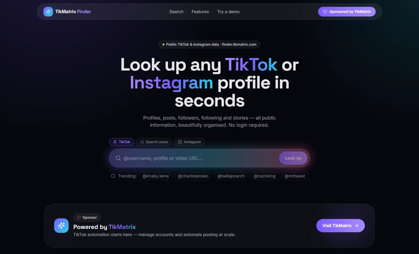 TikMatrix Finder — look up any TikTok or Instagram profile