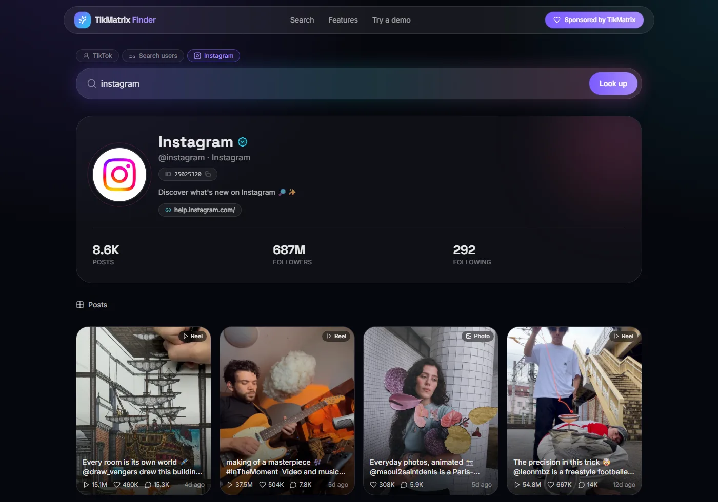 Búsqueda de perfil de Instagram en TikMatrix Finder