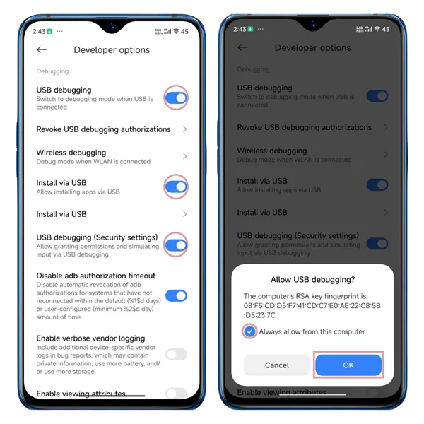 Activer le débogage USB Étapes 5-6