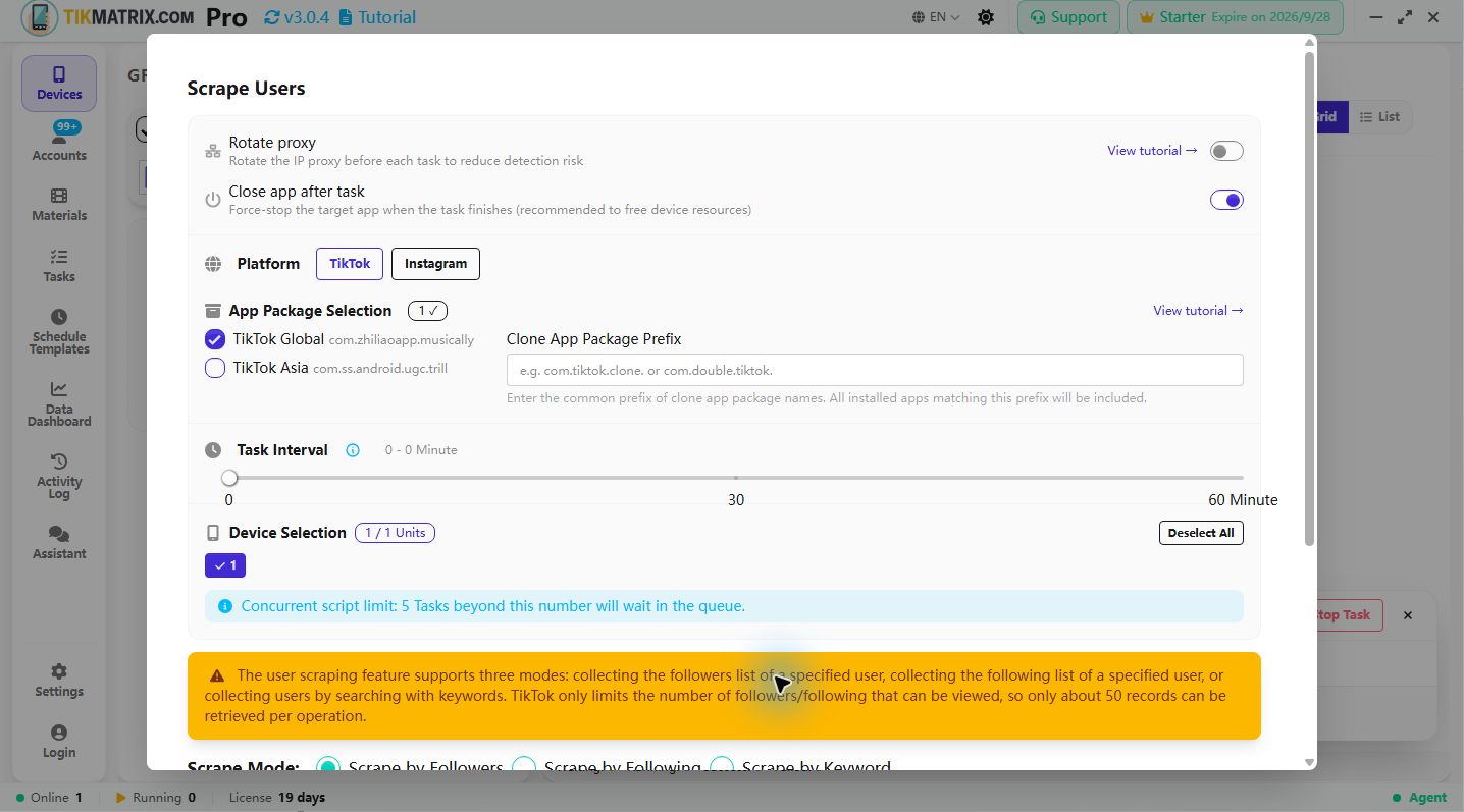 Scrape Users dialog: device and platform selection